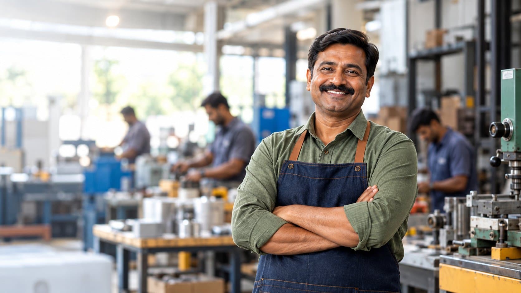Owner of an Indian manufacturing business standing in his workshop