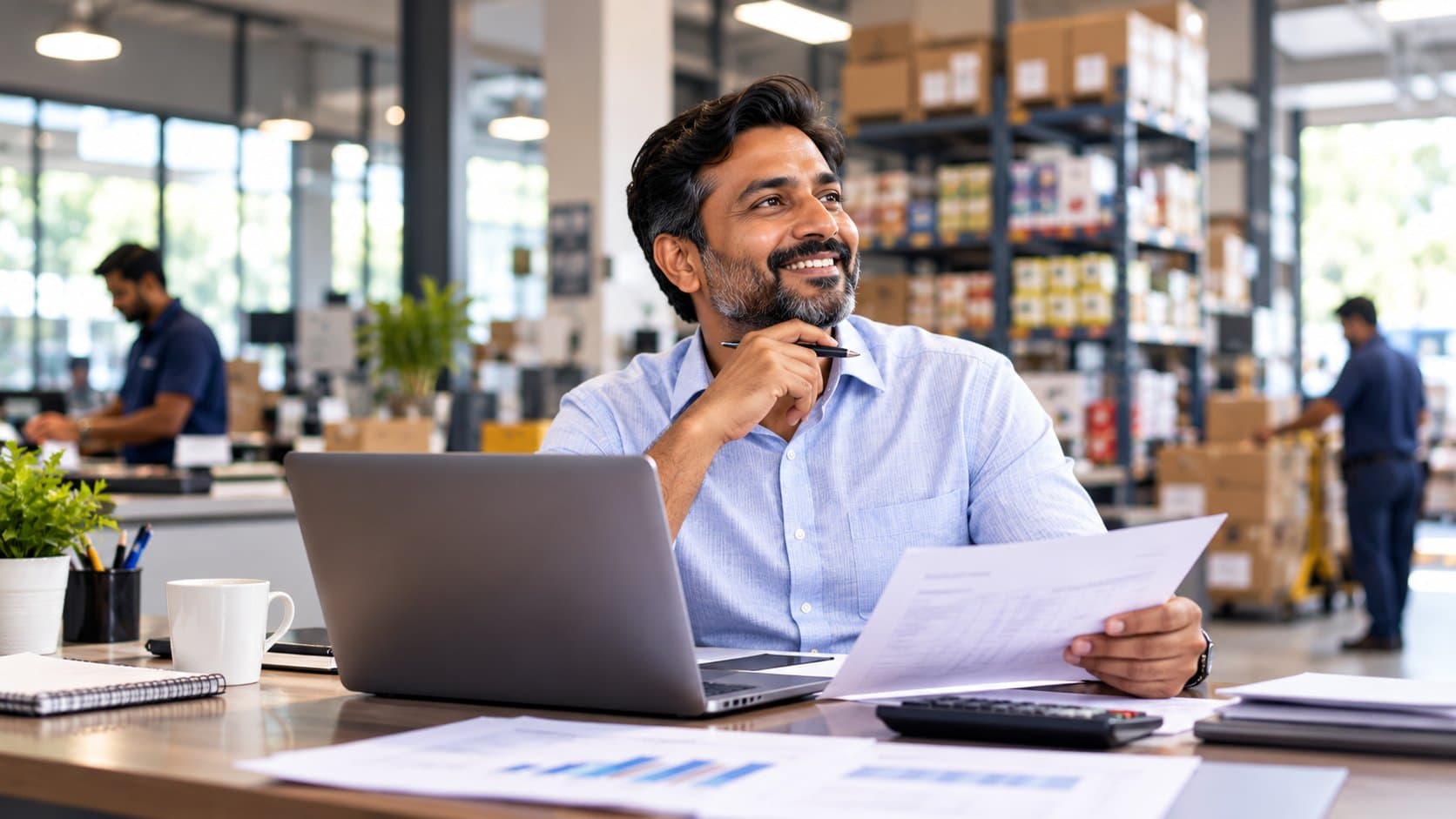 Business owner reviewing financial reports at his desk, with stocked warehouse shelves behind him