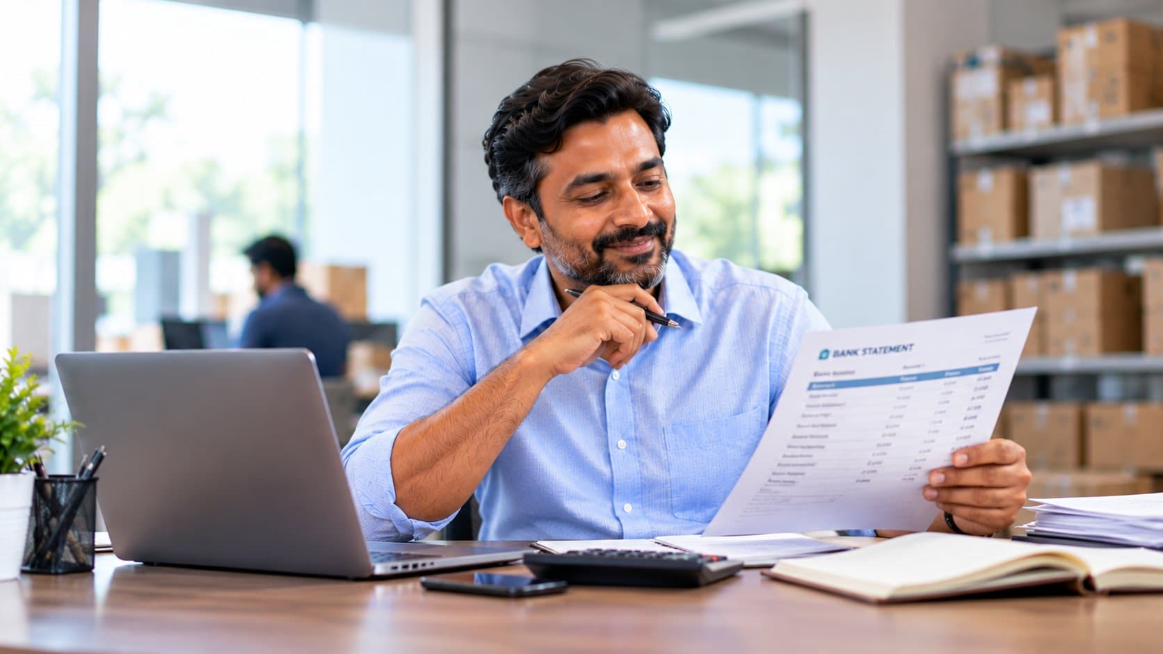 Business owner reviewing a bank statement at his desk, with stock cartons on shelves behind him