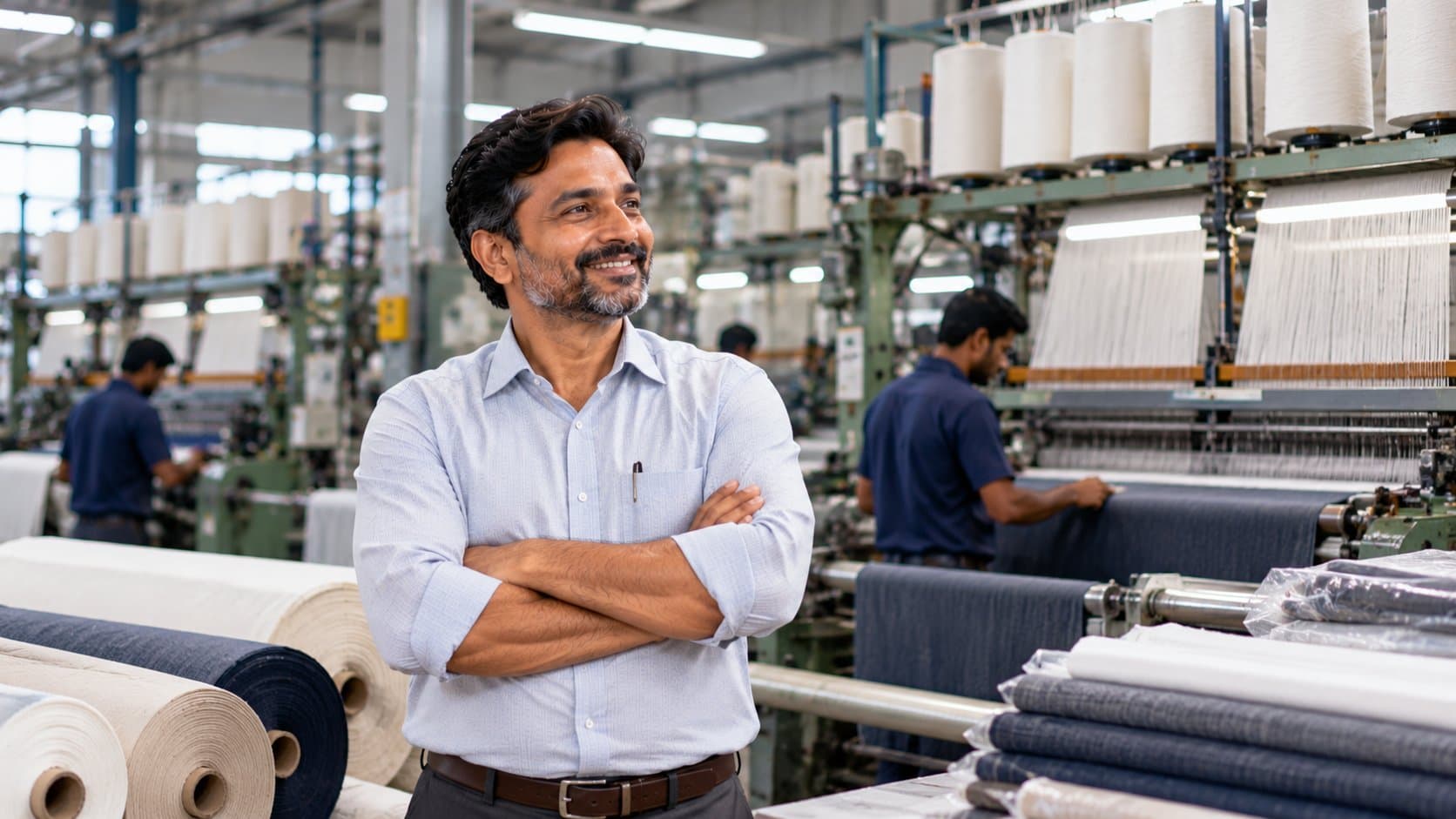 Owner of a textile weaving unit standing among fabric rolls and looms on his factory floor