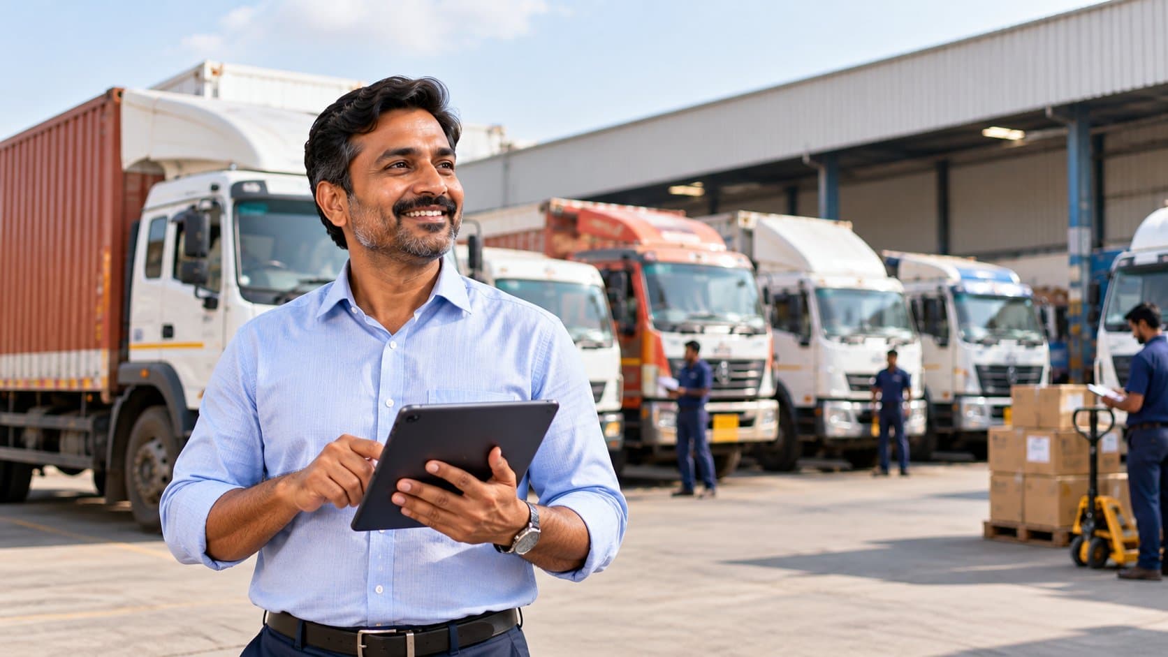 Transport business owner holding a tablet in front of his fleet of commercial trucks at a logistics yard