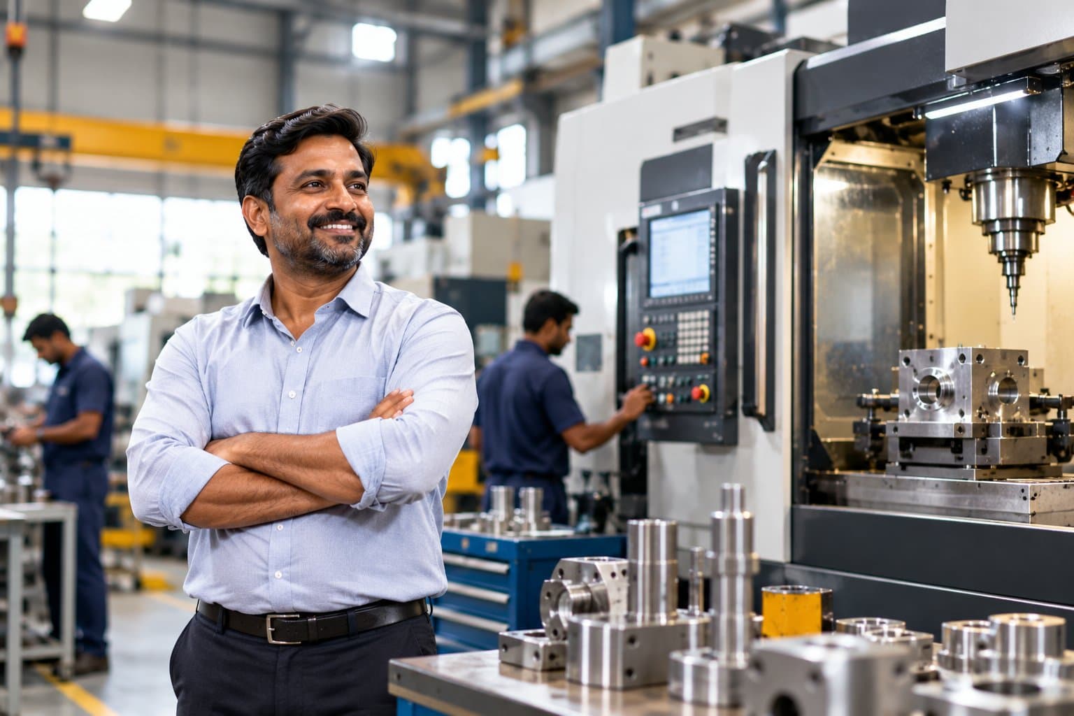 Manufacturing business owner beside a CNC machining centre and finished metal parts on his factory floor