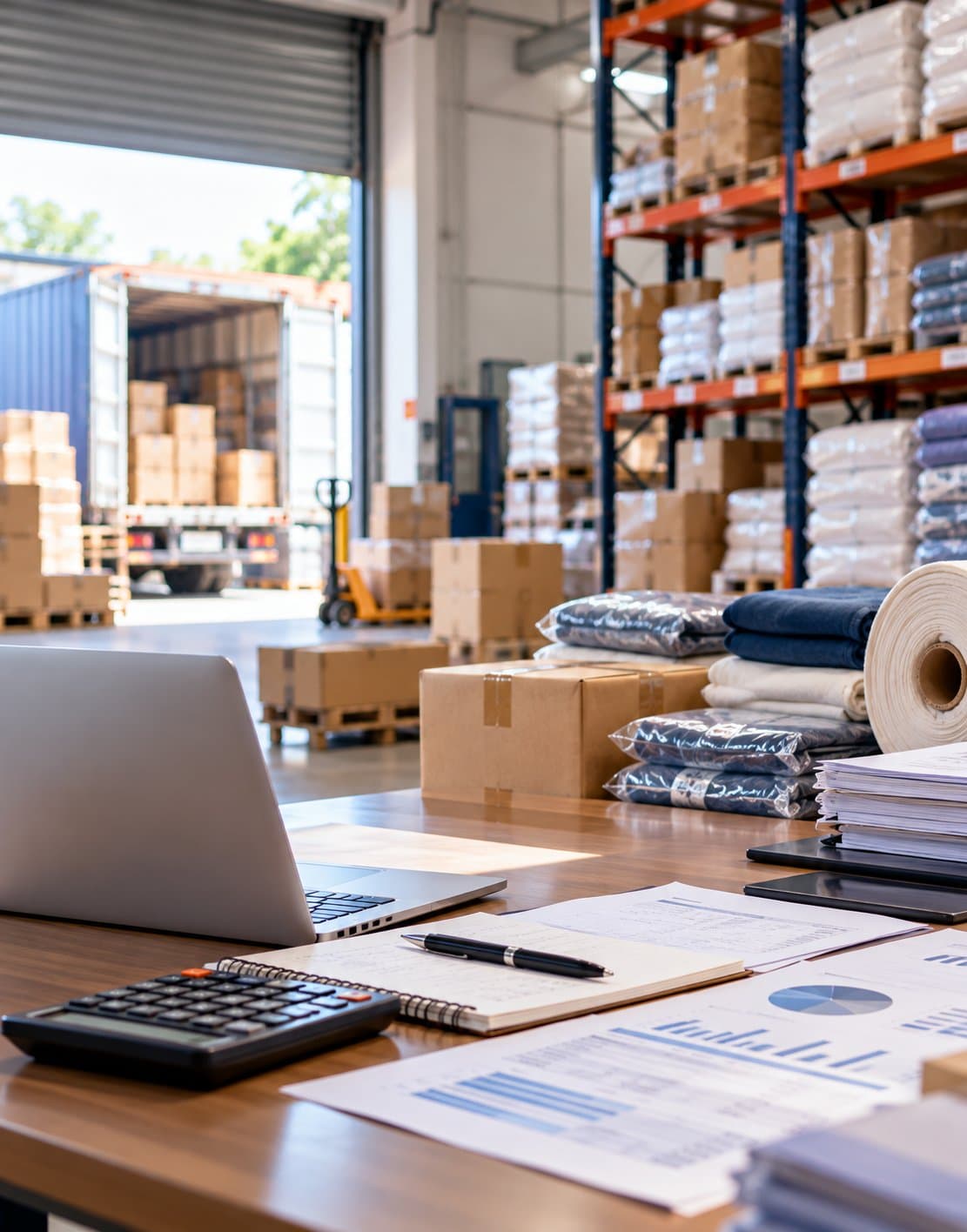 Desk with laptop, calculator and financial reports in a stocked warehouse, with a truck being loaded behind