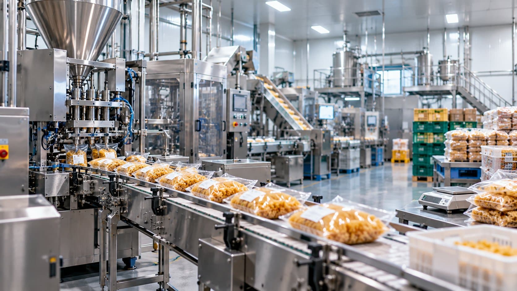 Food processing plant with a filling machine and conveyor line packing pasta into sealed bags