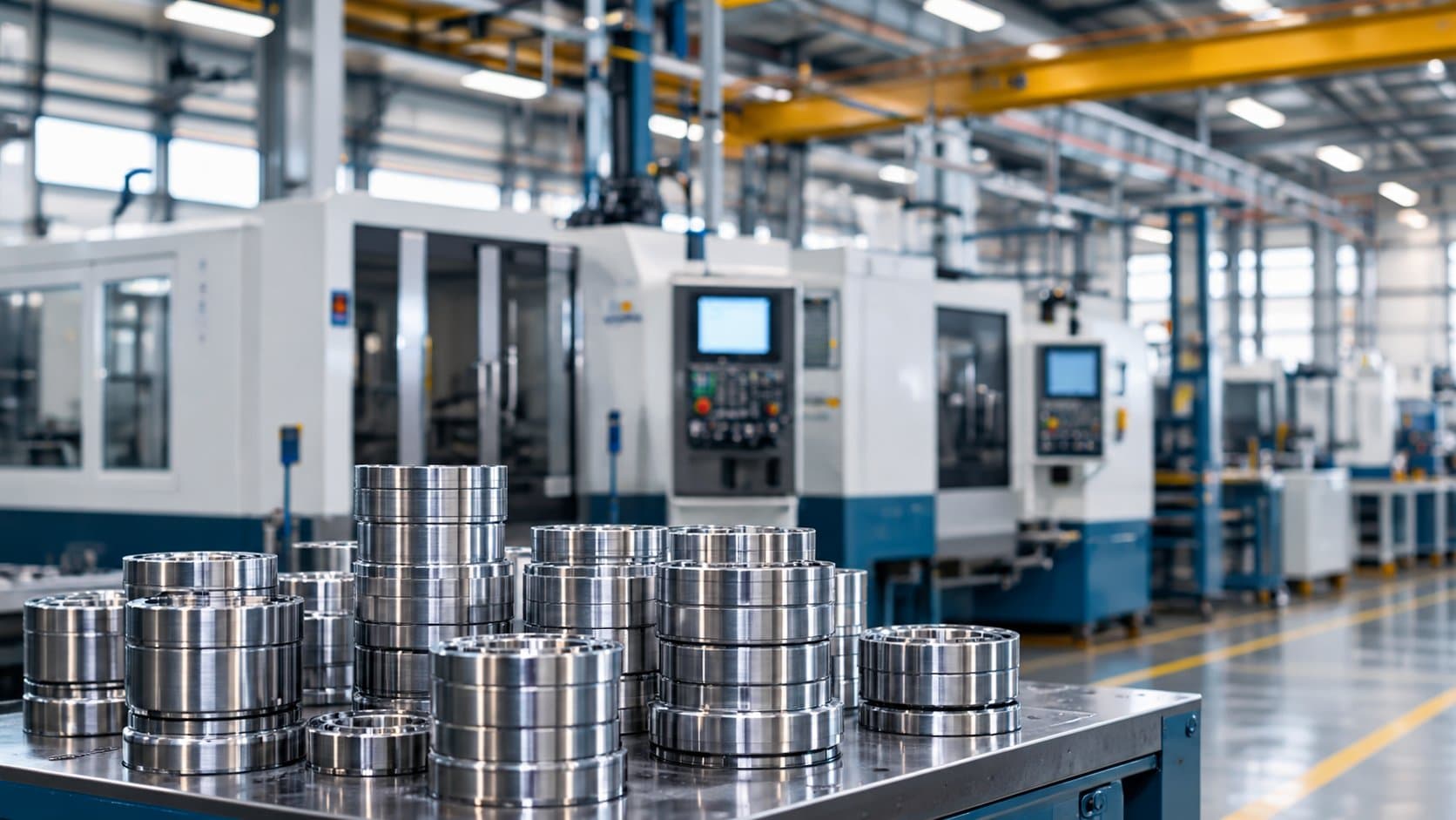 Stacks of precision-machined metal parts in front of CNC machines on a factory floor