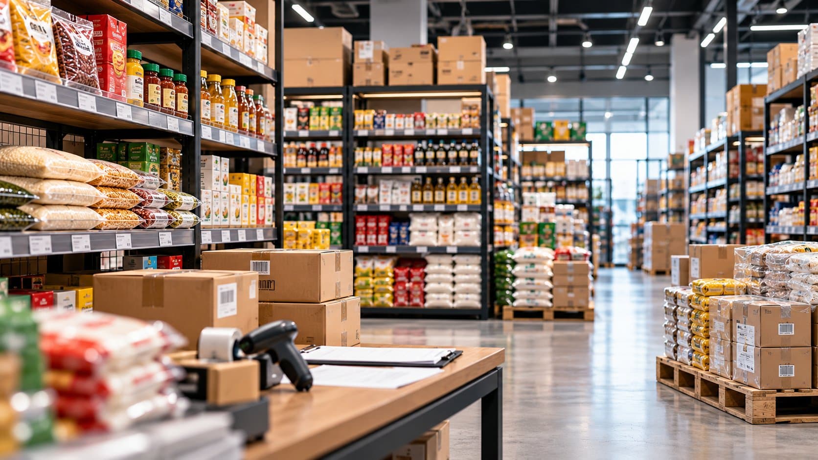 Well-stocked store aisles with packaged groceries, cartons and a billing counter with a barcode scanner