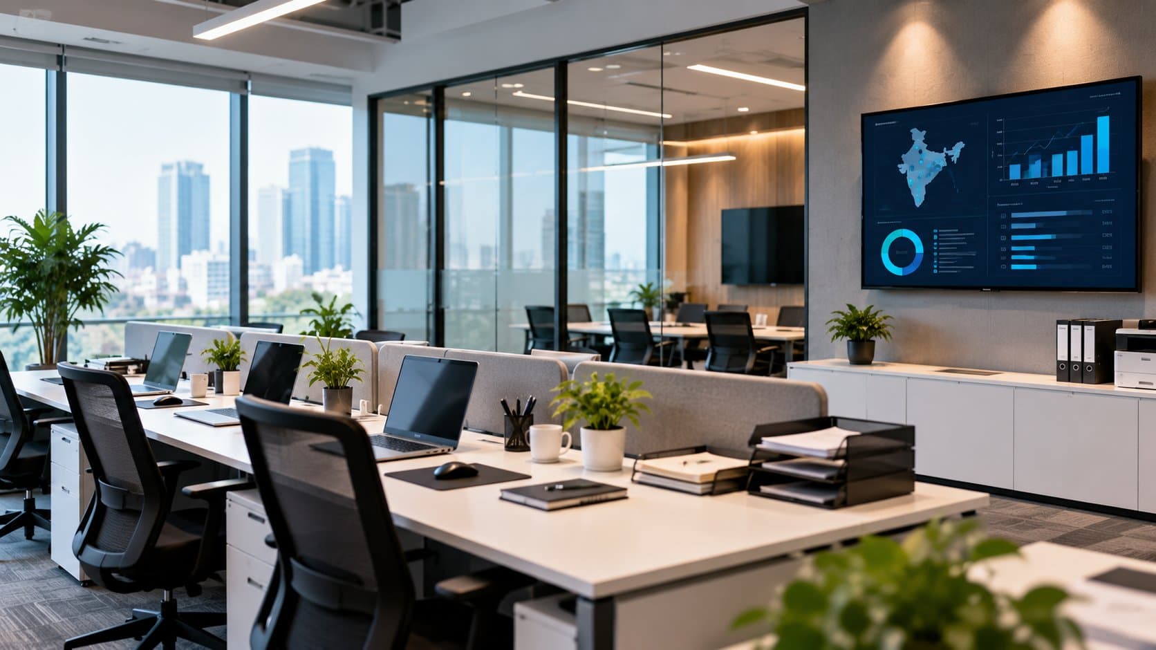 Modern service-business office with workstations, a meeting room and a performance dashboard on the wall
