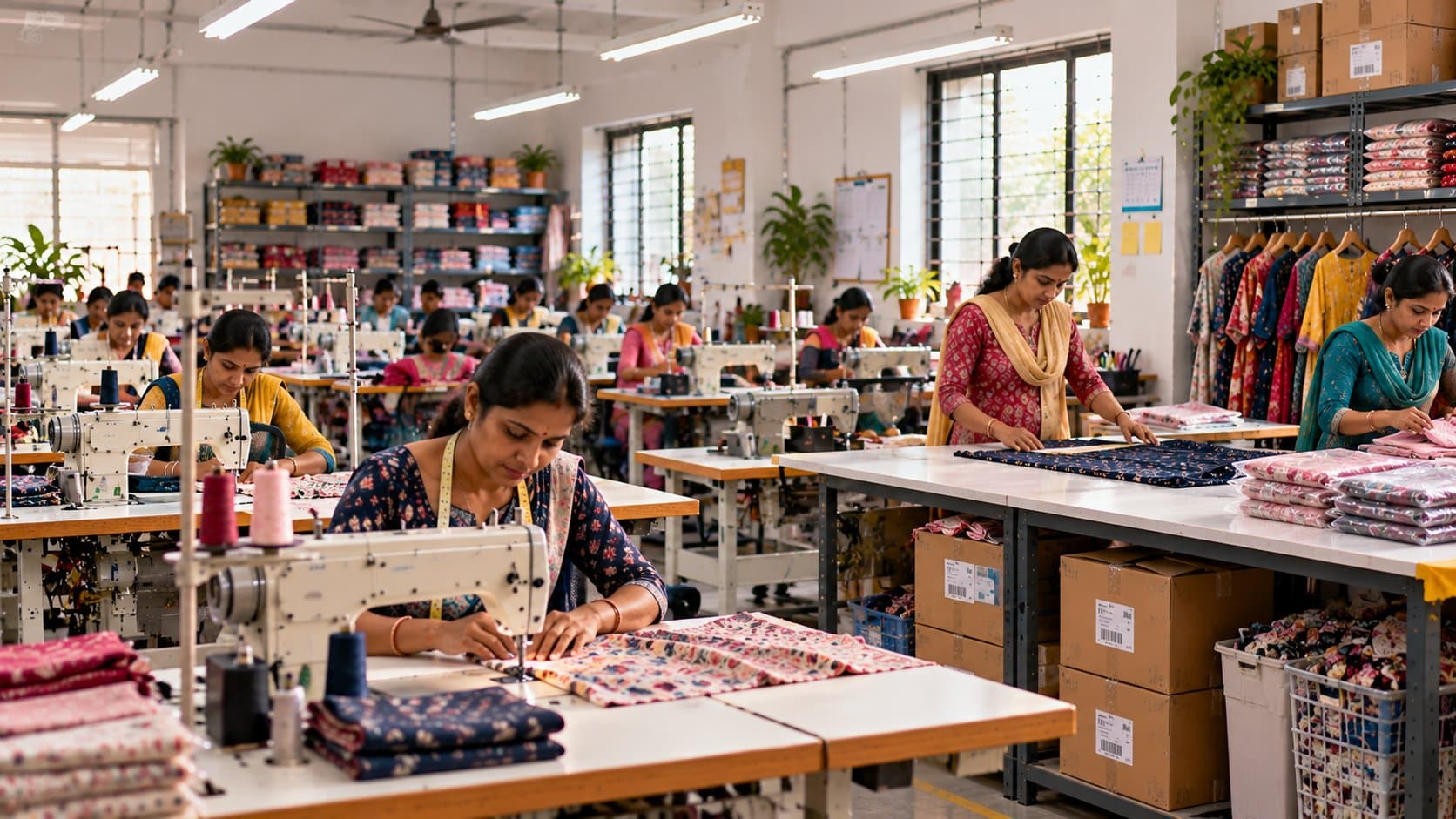 Women tailors stitching and folding garments at sewing machines in a small apparel unit