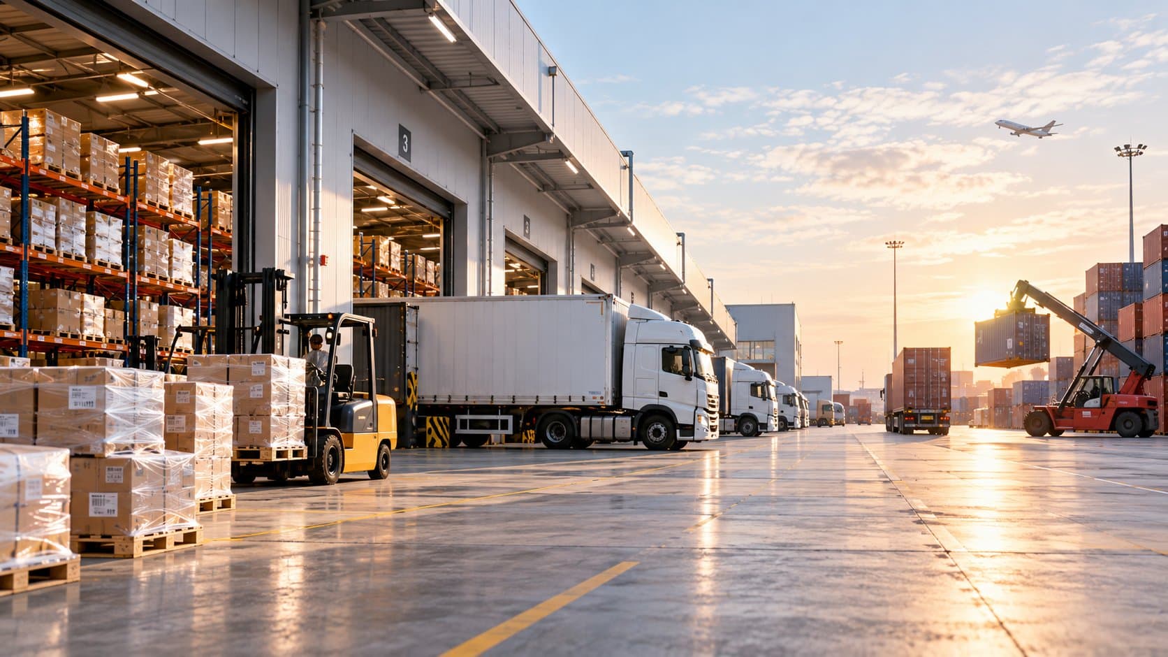 Logistics hub with trucks at loading docks, a forklift moving pallets and a container yard at sunrise