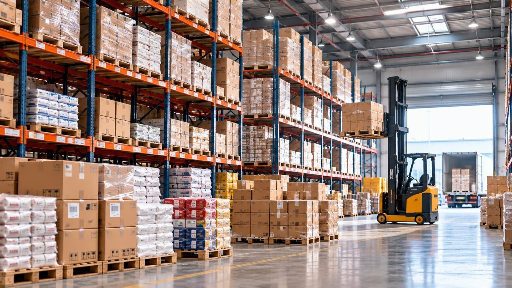 Distribution warehouse with pallet racks of stock, a forklift and a truck at the loading bay